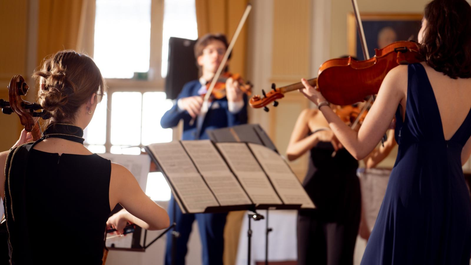 Blick auf Studierende, die in einem Konzert ein Streichquartett spielen