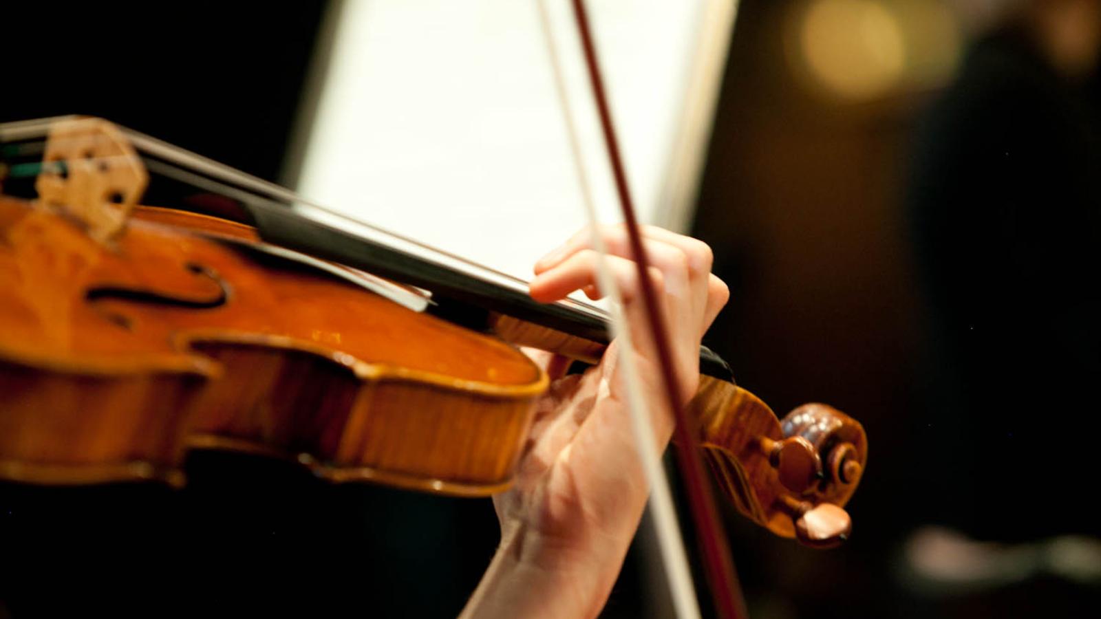 Blick auf eine Violine spielende Studentin