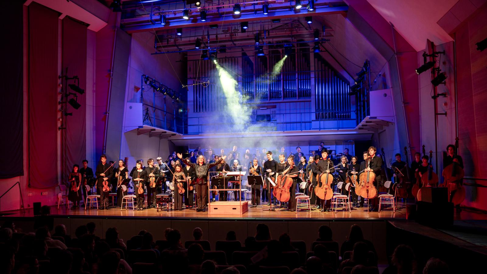 Blick auf das MHL-Sinfonieorchester beim Schlussapplaus bei einem Konzert im Großen Saal der MHL