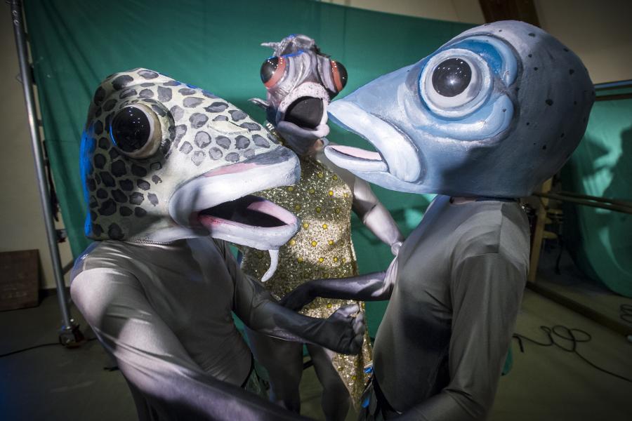 Blick auf drei Fischkostüme