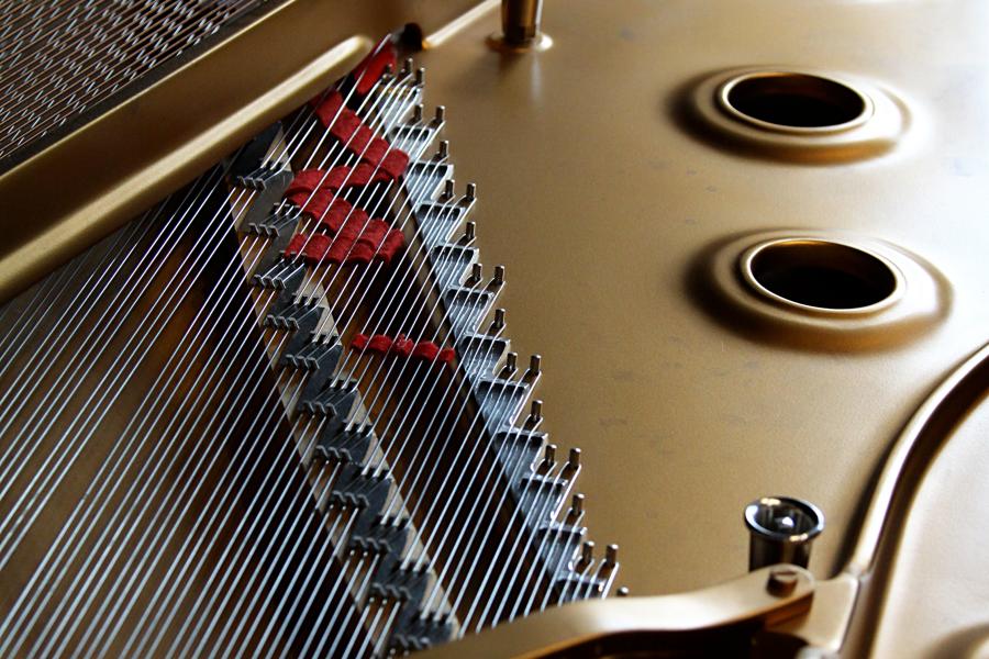 Blick in einen Konzertflügel mit seinen vielen Saiten