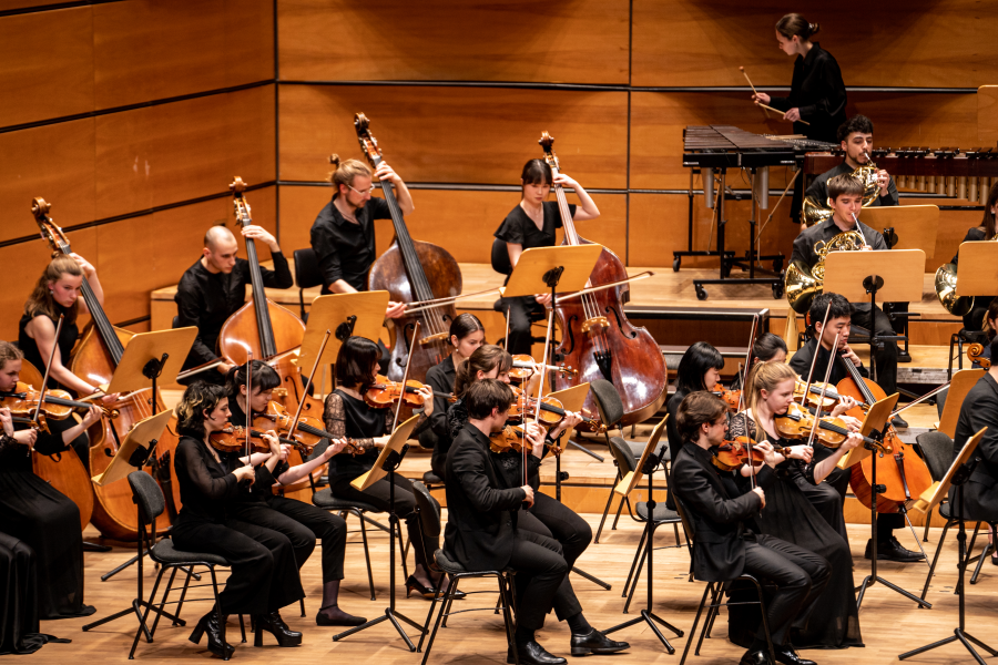 Blick auf das MHL-Sinfonieorchester auf der Bühne der Lübecker MuK