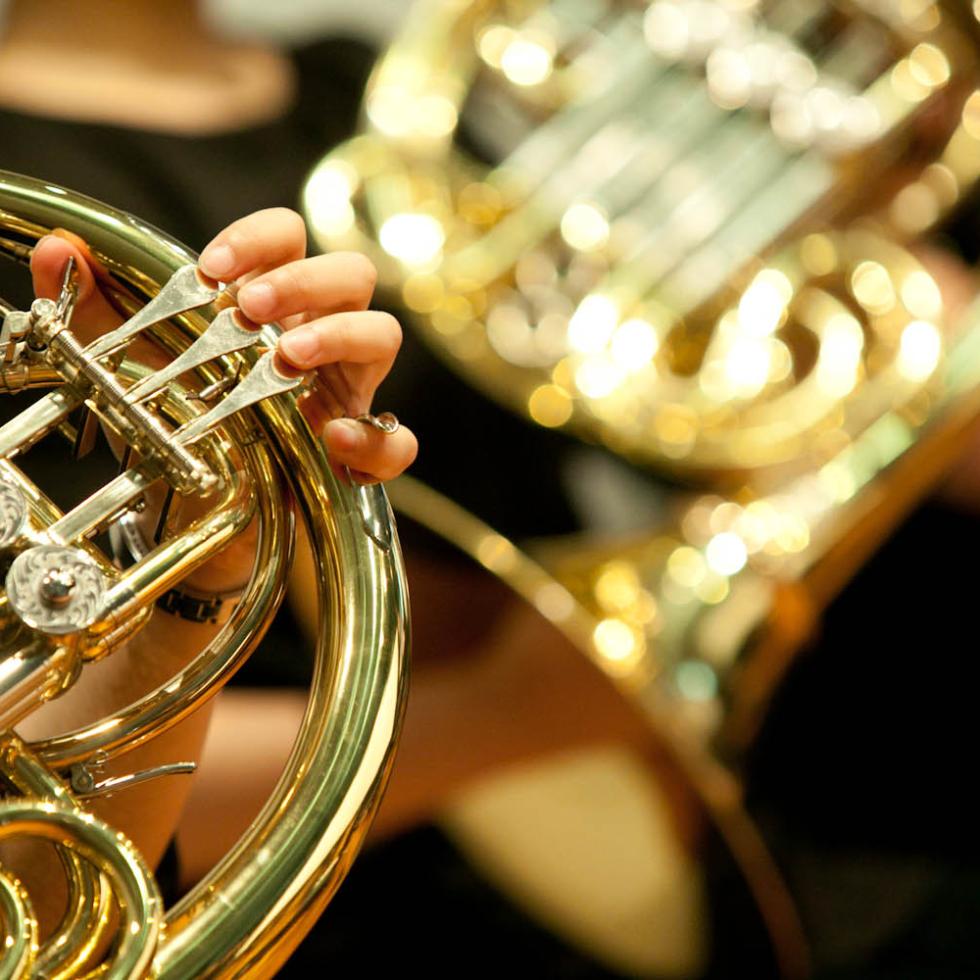 Blick auf Horn spielende Studierende