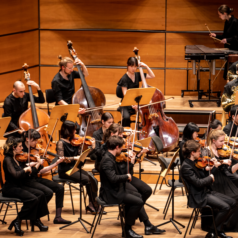 Blick auf das MHL-Sinfonieorchester auf der Bühne der Lübecker MuK
